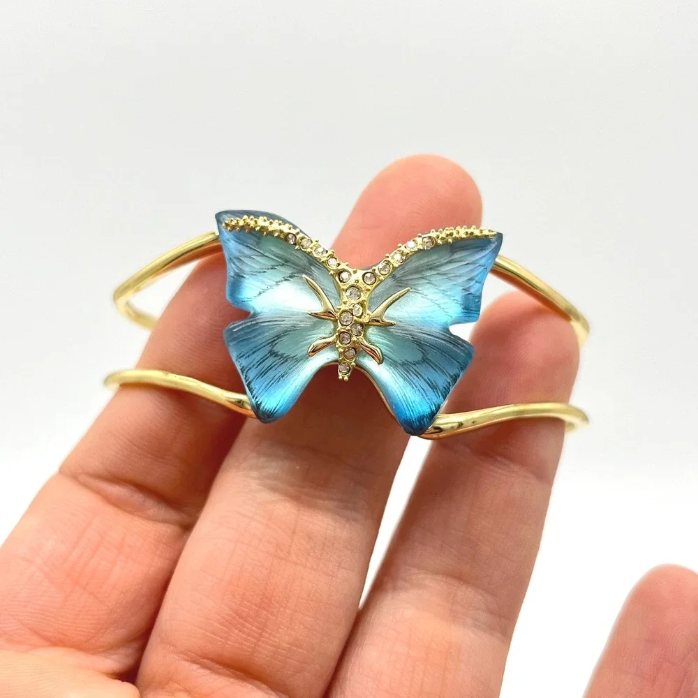 Alexis Bittar Gold Tone Blue Lucite Butterfly Crystal Cuff Bracelet